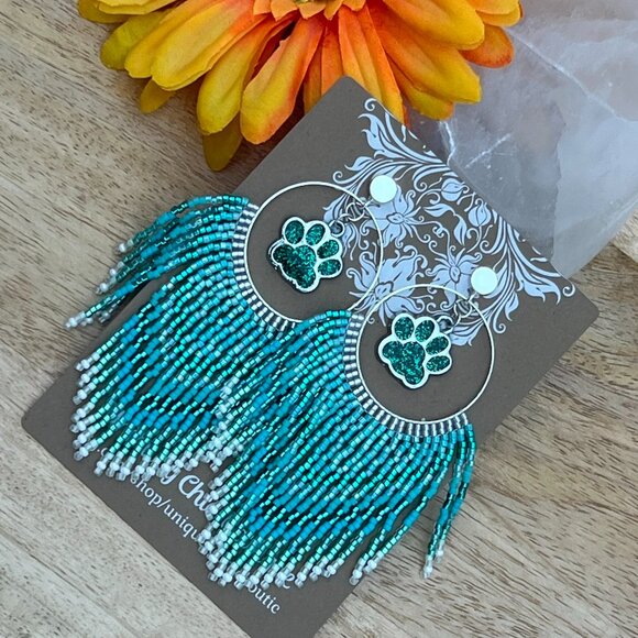 Handmade Beaded Long Fringe Paw Love Dangle Drop Lightweight Post Hoop Earrings - Picture 6 of 10